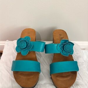 Agape Women's Turquoise Sandals with Floral Detail